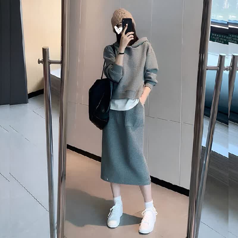 大码女装2023早秋休闲时尚两件套连帽卫衣半身裙套装胖mm200斤 图片色 M怎么看?