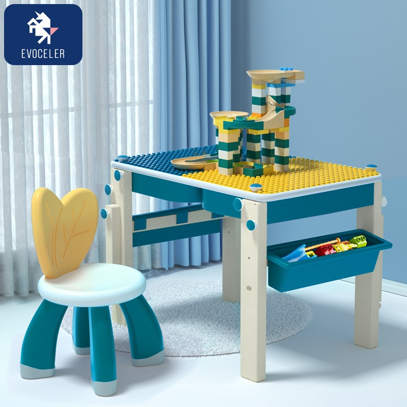 英国 EVOCELER多功能积木桌子儿童玩具礼物2-8岁男孩女孩学习画板-精灵蓝儿童桌椅套装+积木90大颗滑道