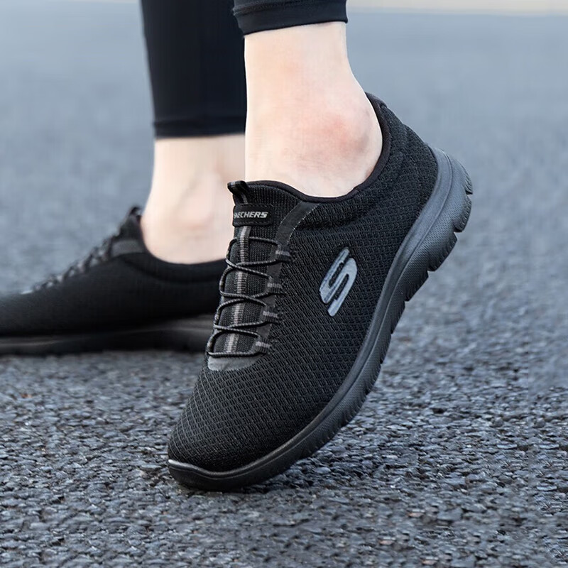 斯凯奇（Skechers）女鞋2025夏季新款休闲一脚蹬穿脱运动妈妈鞋老人鞋软底网面健步鞋 全黑色-BBK 39.5