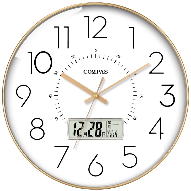 康巴丝电波钟客厅万年历创意钟表表挂墙日历温度显示智能自动对时电波钟 D6219金色自动对时电波款