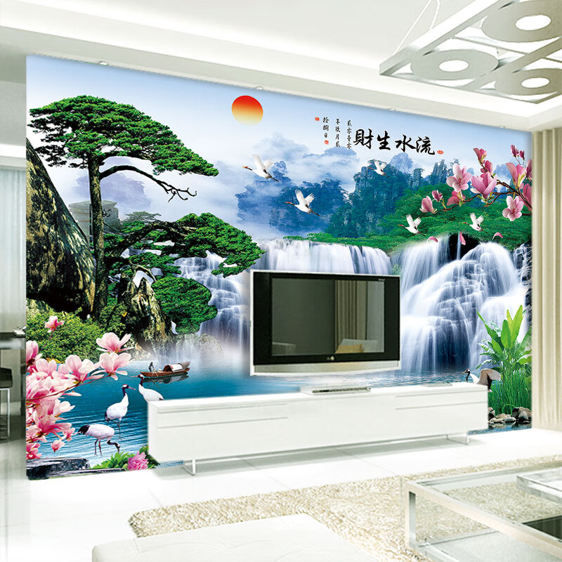 金丝雀(anary)迎客松山水风景壁画客厅电视墙凹凸立体墙布环保壁布