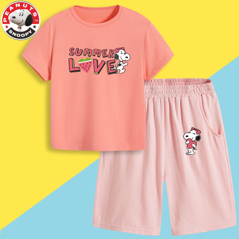 史努比女孩夏季短袖T恤短裤套装女童卡通两件套 短裤粉色爱心+T粉色草霉 140