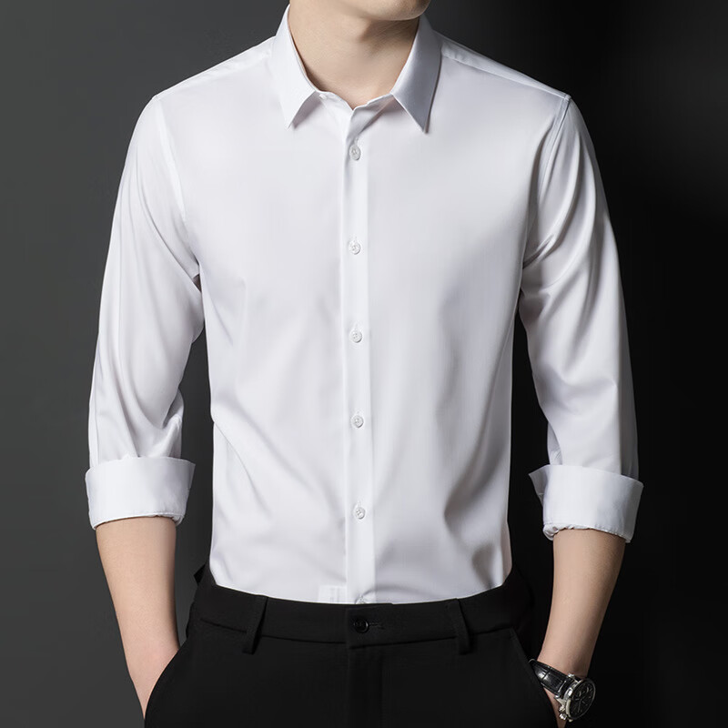 九牧王衬衫男长袖商务休闲免烫纯色翻领抗皱男装通勤职业正装男士衬衣