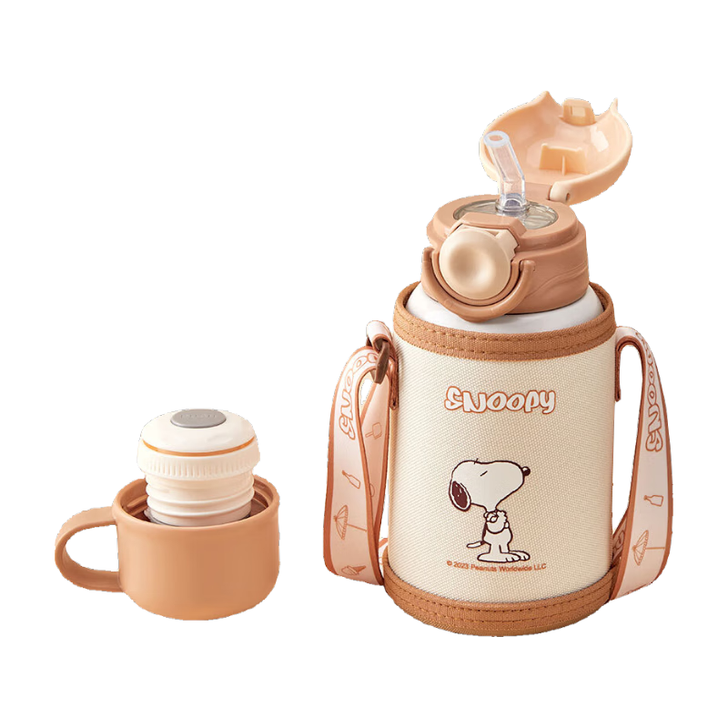 史努比（SNOOPY）兒童保溫杯帶吸管直飲男女小學(xué)生316不銹鋼喝水杯子雙蓋壺500ml咖
