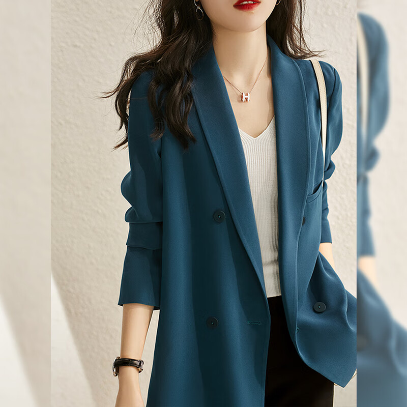 设计感小众西装外套女春秋气质女神范休闲免烫西服小个子职业 孔雀蓝