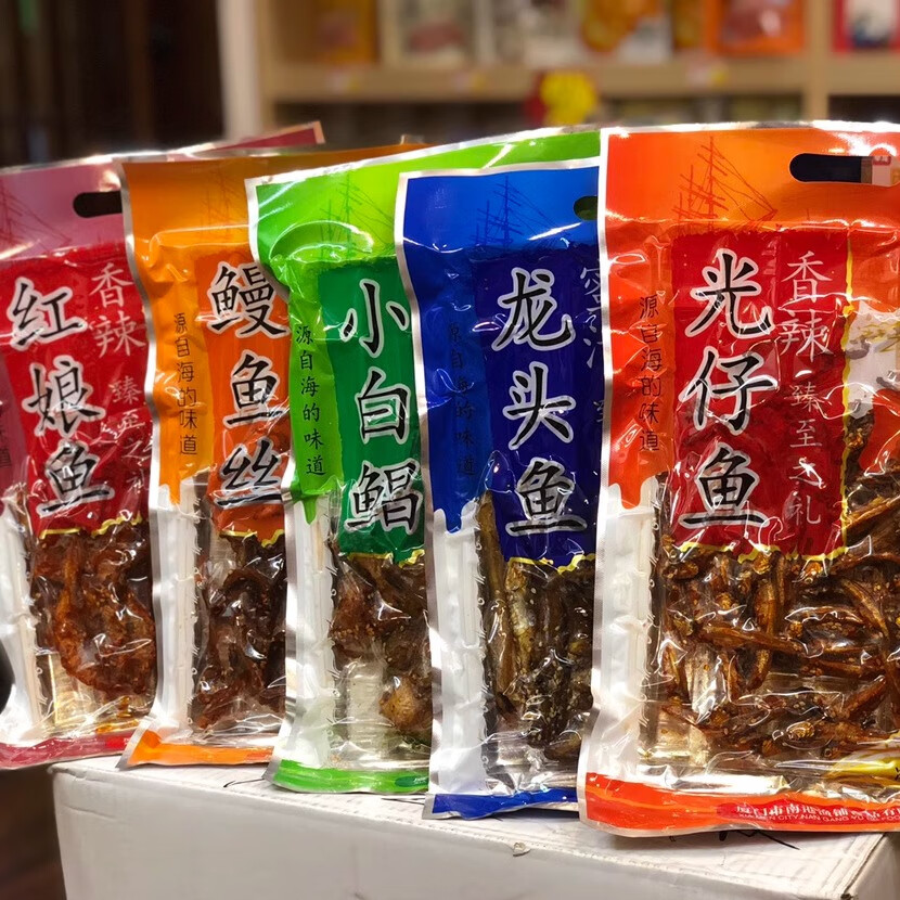 廈門特產(chǎn)蜜汁龍頭魚香辣鰻魚絲光仔魚小白鯧紅娘魚組合裝魚干即食 組合共5包（4-5個(gè)味道）：