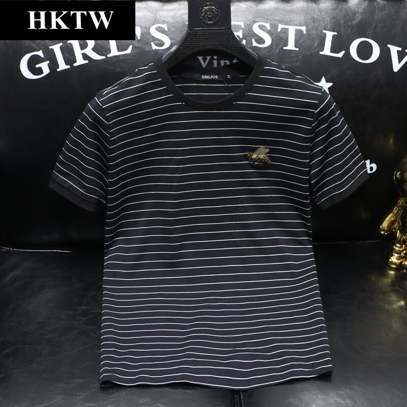 hktw丝光棉条纹短袖男士t恤2024夏季时尚小蜜蜂修身青年男装hktx14