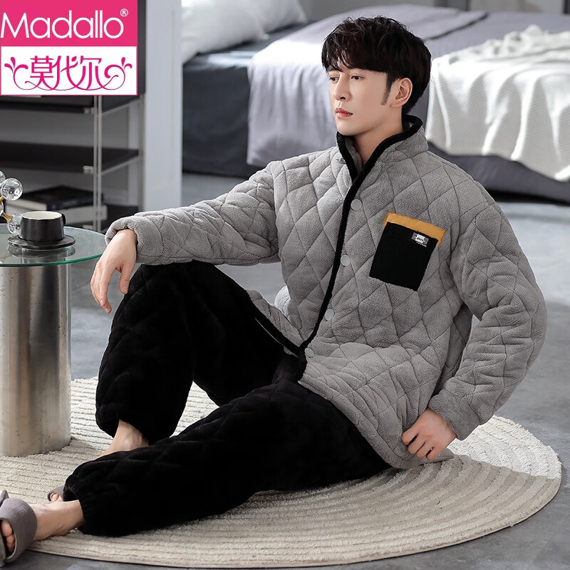 莫代尔玉茄子珊瑚绒夹棉睡衣男冬季加厚加绒保暖法兰绒加大码家居服