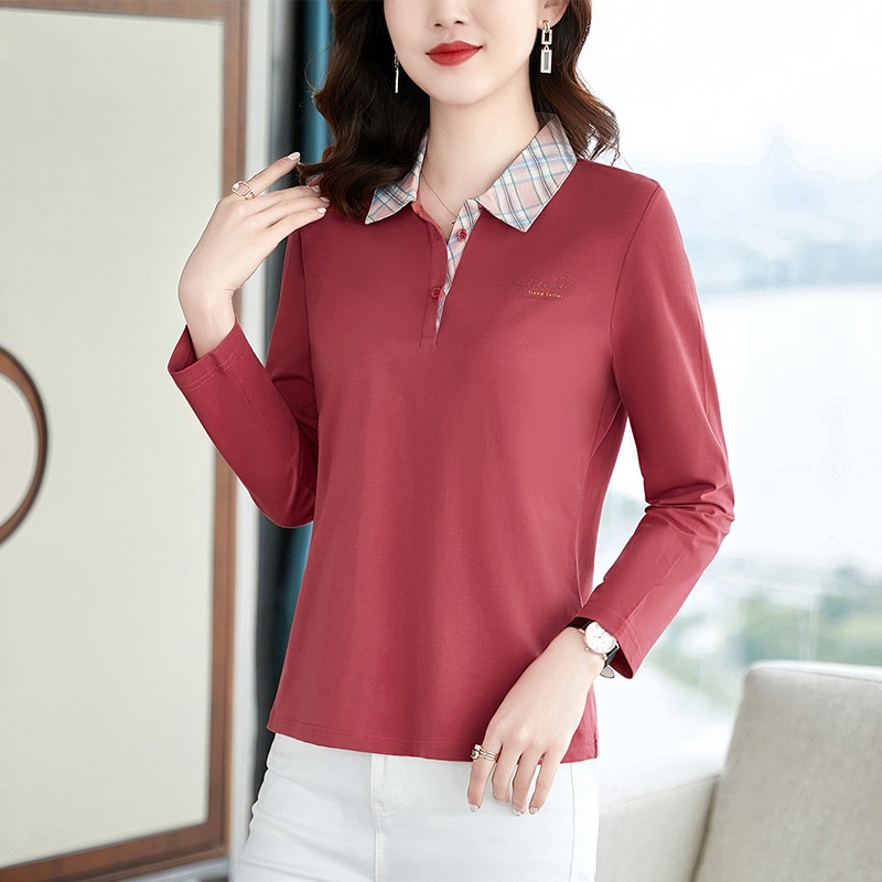 纤飞露 t恤女士棉质翻领polo衫中年宽松长袖t恤2022新款春秋季休闲