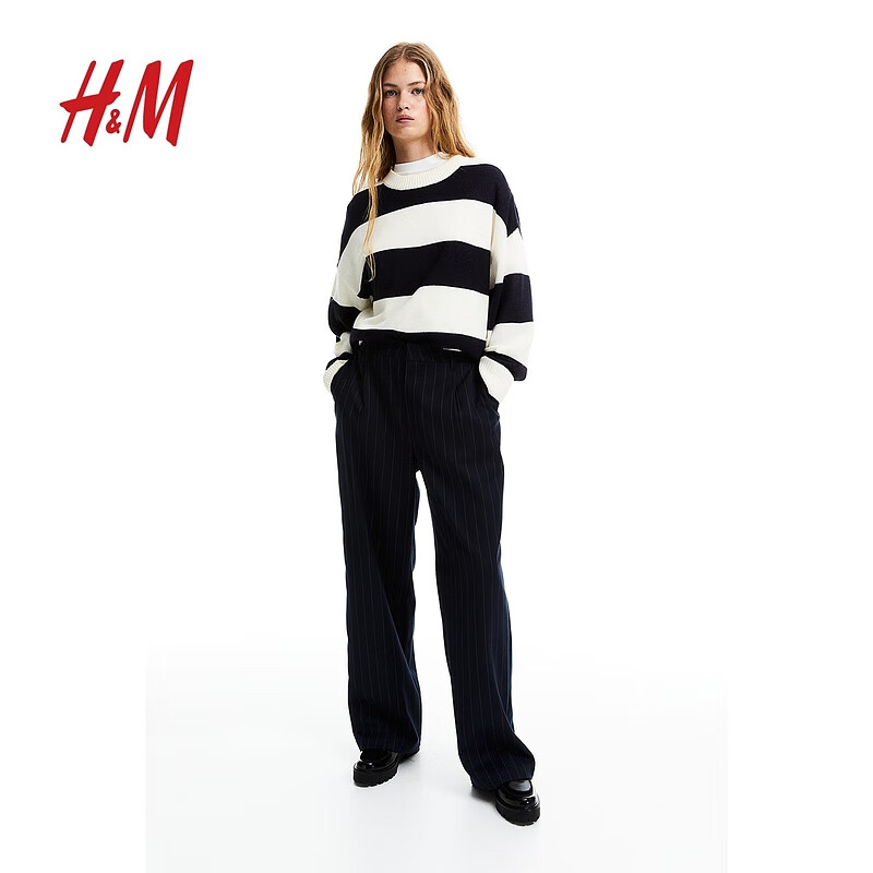 H&M女装毛针织衫秋季2023新款时髦宽松提花针织条纹套衫1161787 海军蓝/条纹 160/88A怎么看?