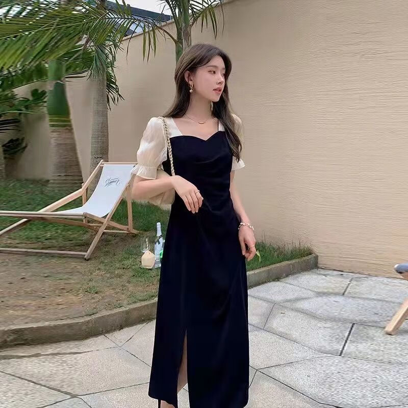 法式小众设计感赫本风黑色泡泡袖开叉连衣裙子女夏季 黑色 m 胸围84
