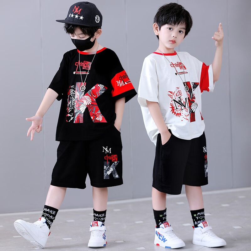 宇龙童话(elongstory)童装短袖男童套装帅气中国风男孩夏天国潮运动儿童街舞衣服裤子 白色夏装套装(衣服裤子) 160 码建议身高1.45-1.5米左右