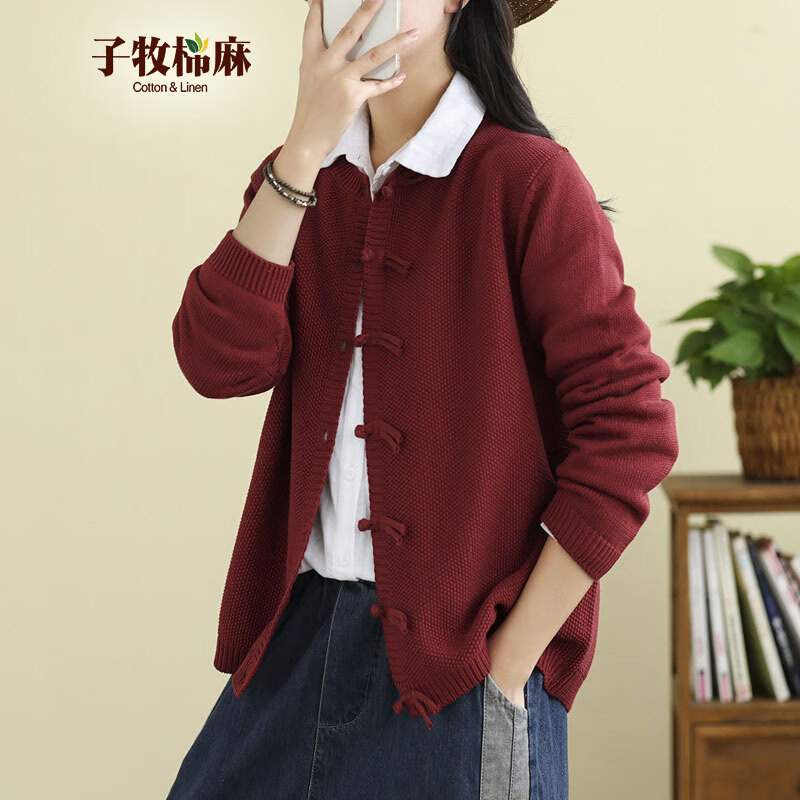 子牧棉麻2024秋装 女新中式盘扣外套宽松长袖百搭圆领针织开衫上衣5637 红色 均码（建议95-140斤）
