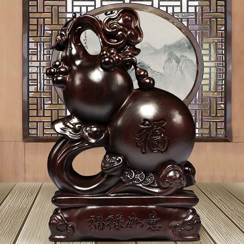 天从黑檀木雕葫芦摆件实木头木制福禄工艺品电视柜客厅装饰乔迁送礼物
