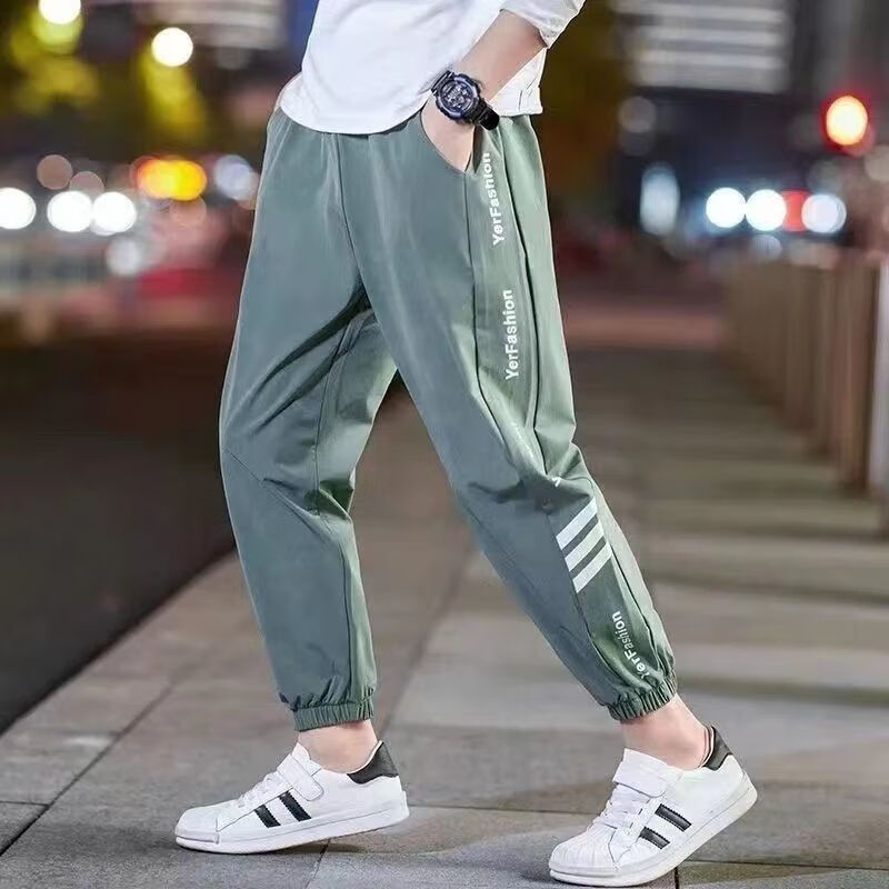 蒙迪索图儿童防蚊长裤男童薄款卫裤夏季运动裤中大童8一12岁外穿 绿色(印花)速干运动裤 120 建议身高115厘米左右