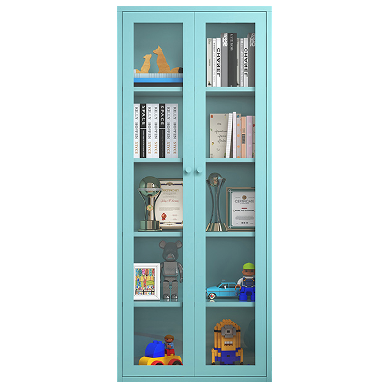 执逸北欧铁艺书柜乐高手办展示柜玻璃门客厅置物柜模型玩具收纳架夹缝窄柜储物柜简约家用收纳柜落地柜 天蓝色双门玻璃落地款