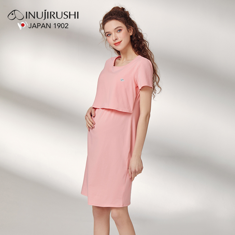 犬印本铺(INUjIRUSHI)孕妇新品哺乳裙子外出时尚全棉上掀便捷哺乳短袖长袖月子服 桃粉(棉氨纶)短袖 M码(胸围86~94)