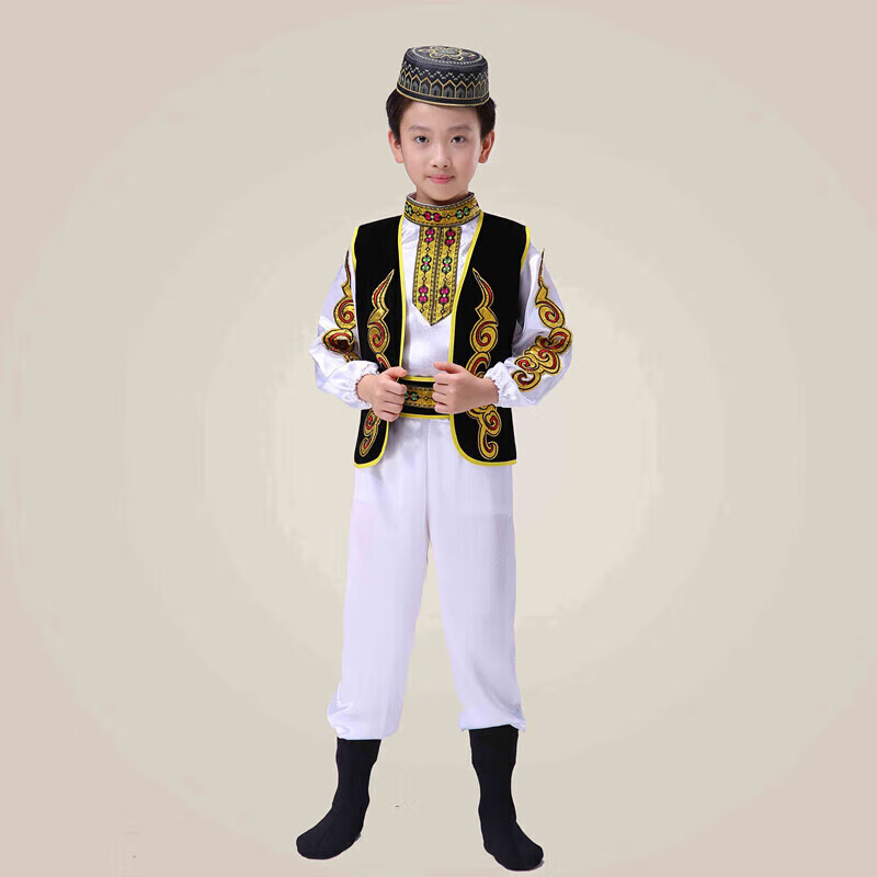 杉贝儿童演出服少数民族服装新疆维族服装维吾尔族服回族服男童表演- 白色 110-160cm下单可备注