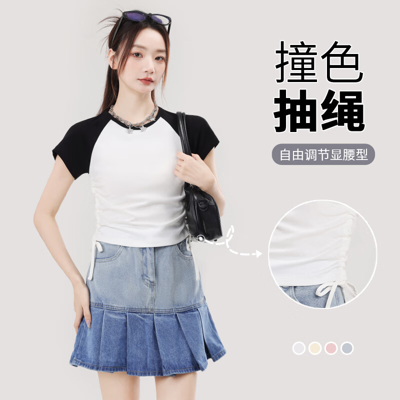 真维斯撞色抽褶紧身短款短袖t恤女夏季新款时尚休闲校园风半袖GX 麻灰-纯色 M