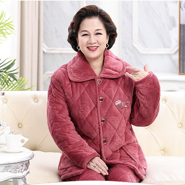 俞兆林秋冬新款珊瑚绒睡衣妈妈三层加厚保暖奶奶大码中老年女款家居服