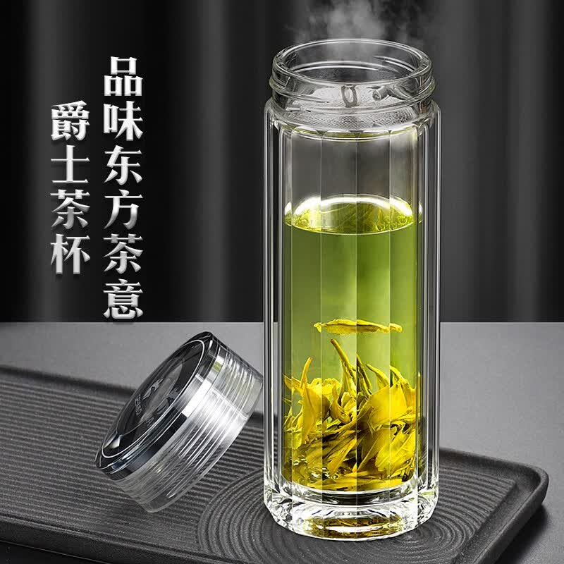 格亚（GEYA）双层玻璃杯纯钛抑菌男士泡茶杯高档商务办公水杯子精美礼盒装 商务款【皮质礼盒装】 400ml