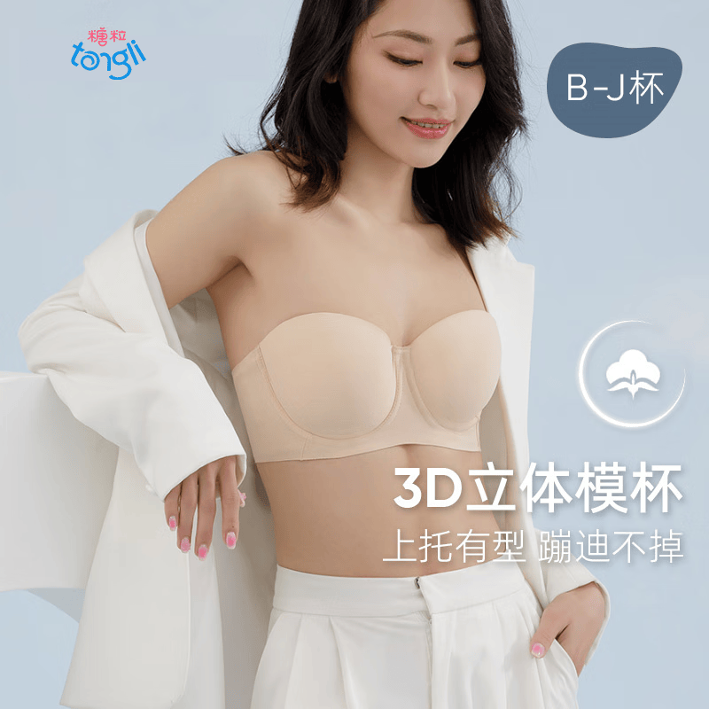 糖粒蹦迪无肩带内衣女大码无痕薄款防滑聚拢防下垂抹胸婚纱文胸罩夏季 自然肤色 85C