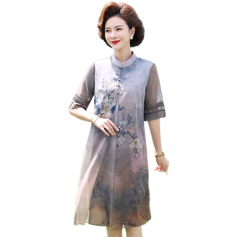恒源祥中年媽媽裝夏裝中國風(fēng)改良旗袍短袖連衣裙中老年女裝洋氣印花裙子