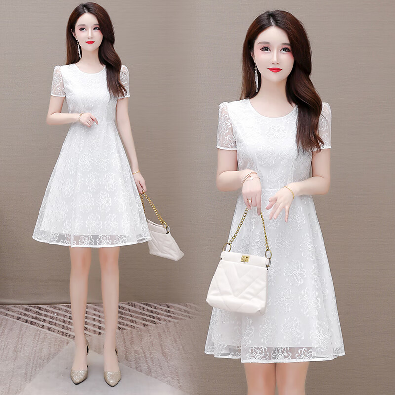 唐卿矮个子女士夏季连衣裙女高档气质小个子中年夏装短袖30-40岁 白色
