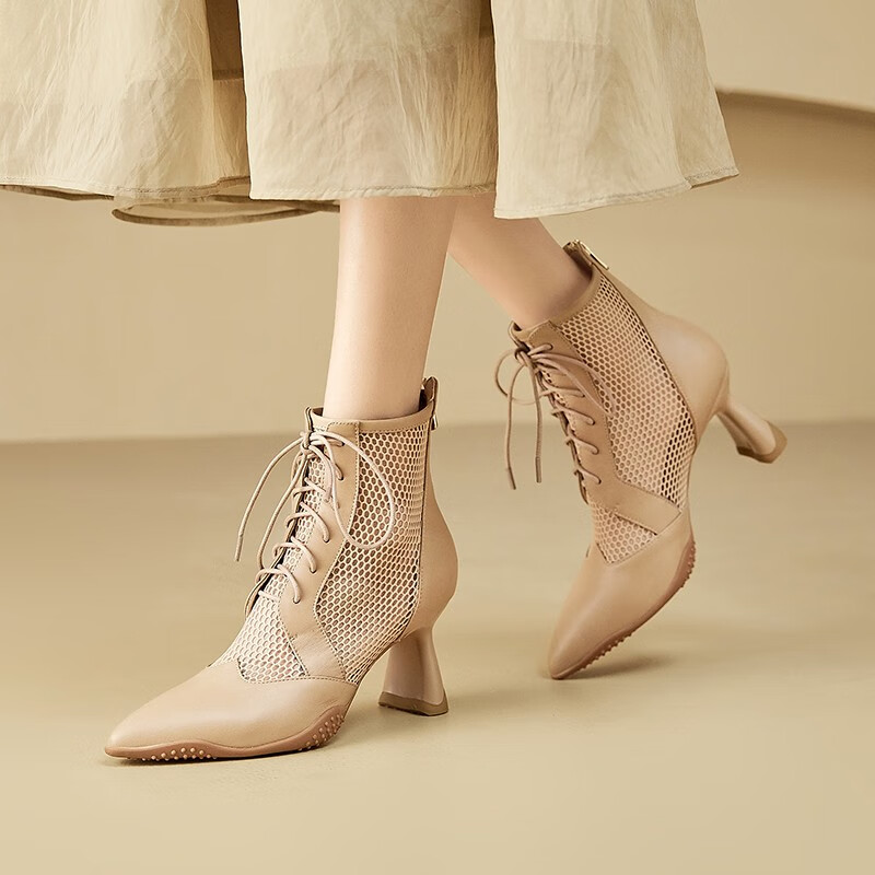 玖辛(jiuxin)夏天网靴网纱女士镂空透气显高女靴女网面猫跟皮靴子尖头