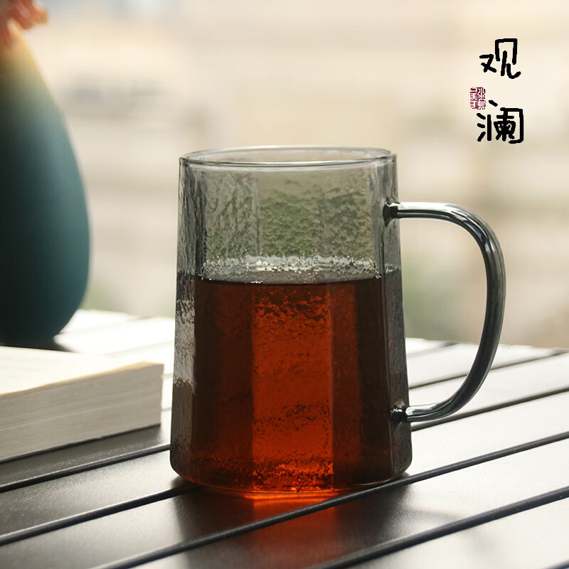 耐热玻璃杯可微波炉加热牛奶杯早餐杯大容量办公室泡茶杯喝水杯子 墨色款筑铭细纹水杯（单杯）