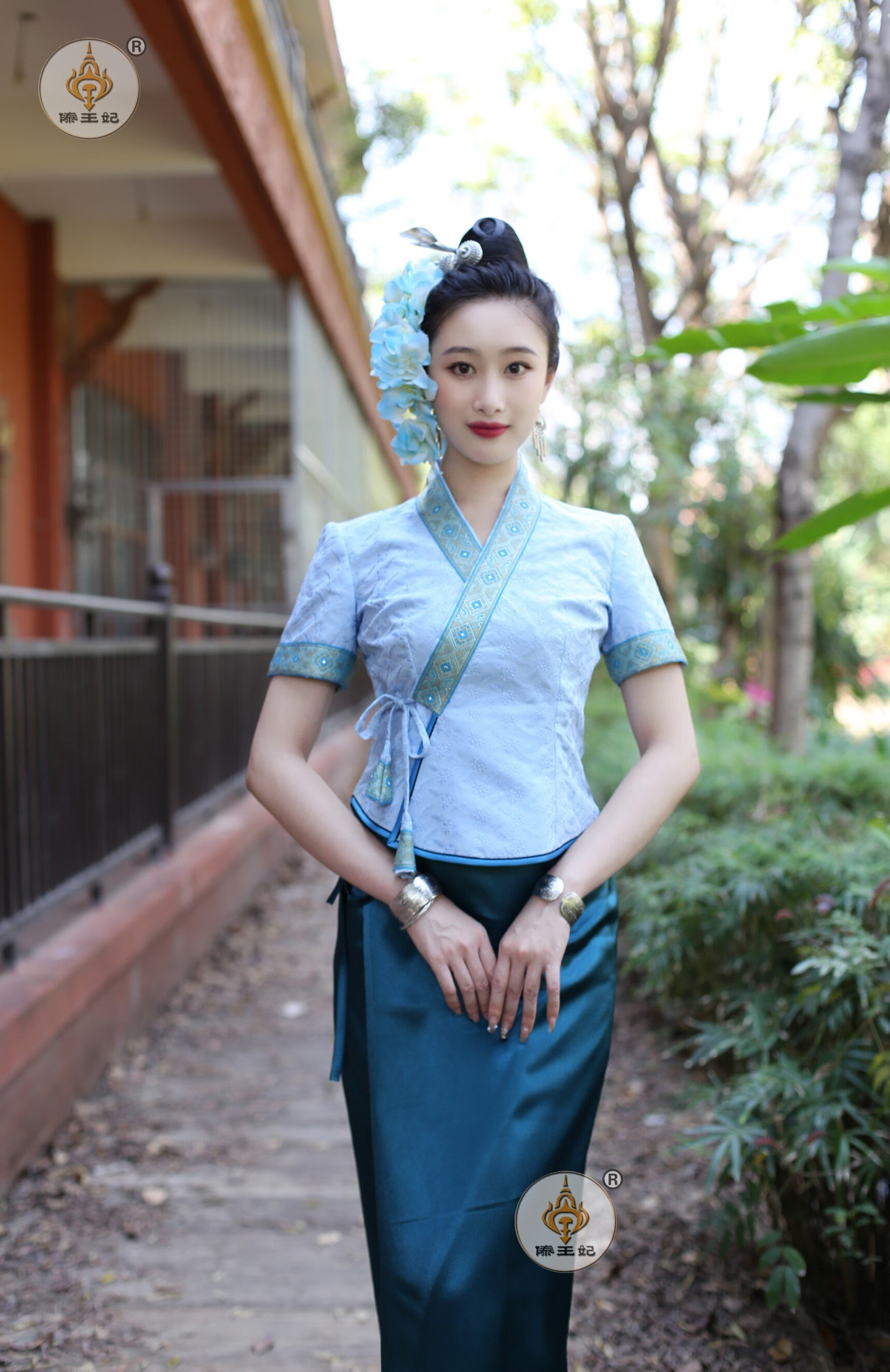 洱樱傣族服装女拍照傣妃服饰傣族传统简约女套装日常休闲工作服 蓝色