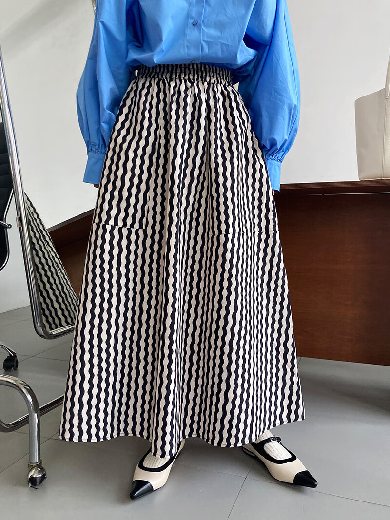 tvaj艺术感竖条纹半身裙2024春季新款a字大摆气质中长裙子 波浪竖条纹