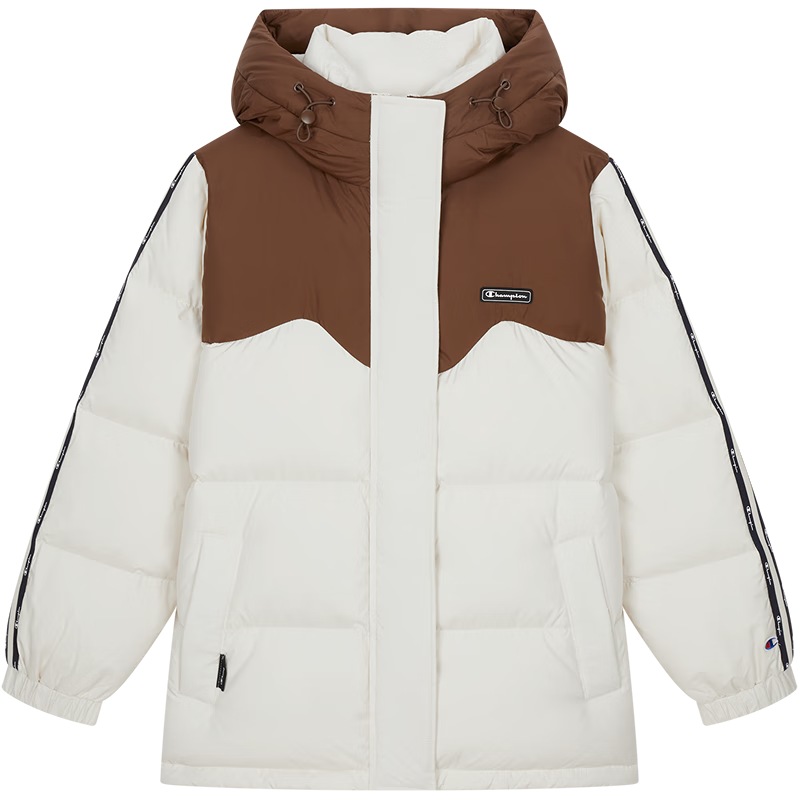 Champion冠军连帽羽绒服女24冬季新款潮牌撞色外套加厚保暖面包服 米白色 S