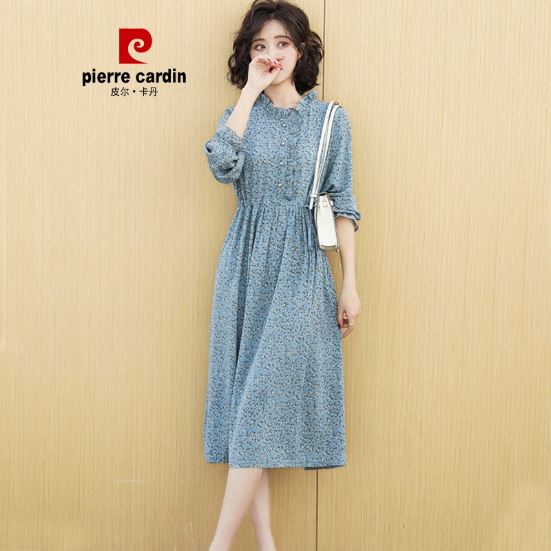 cardin)官方高端女装品牌上新温柔风碎花连衣裙女夏季过膝收腰法式