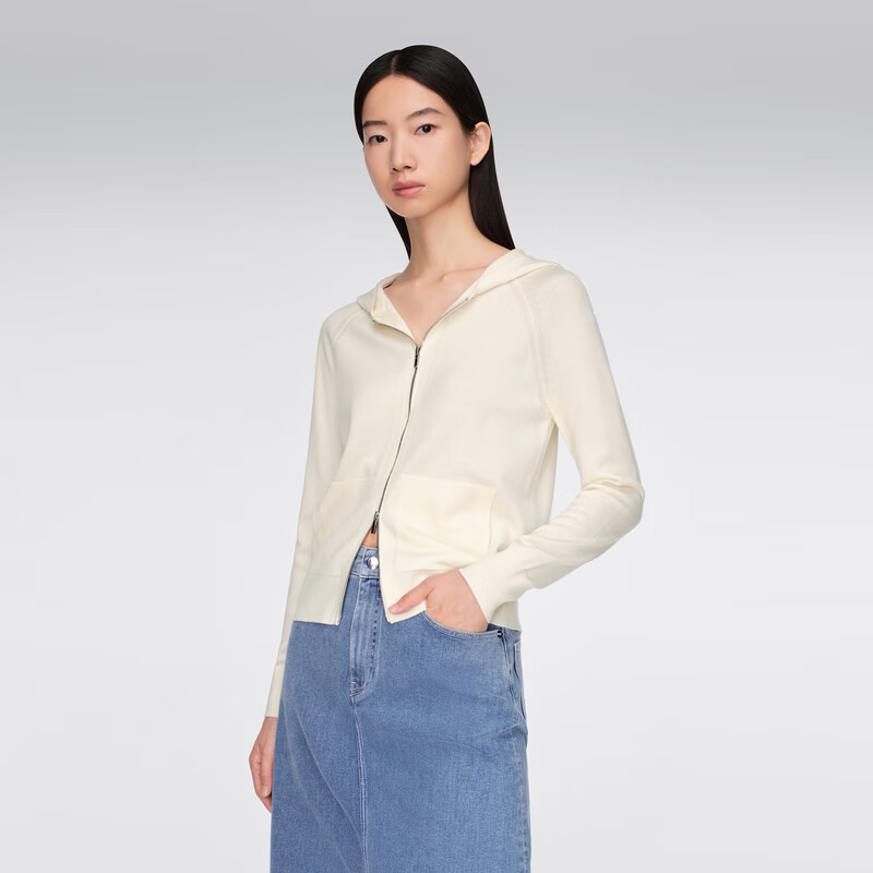 OVVOVV2024春夏新款女装休闲连帽针织开衫外套 米白(净色)02 M