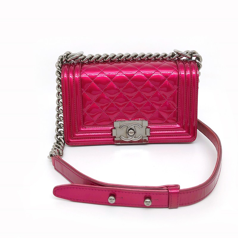 【二手95新】香奈儿 漆皮leboy小号女士紫红色银链单肩斜跨包,镭射19