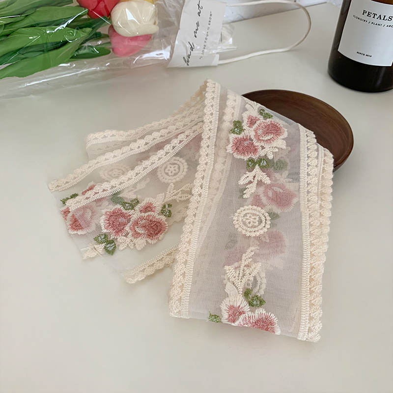 刺绣花朵蕾丝巾发带女绑发夏季薄款法式丝带编发头绳 刺绣蕾丝发带