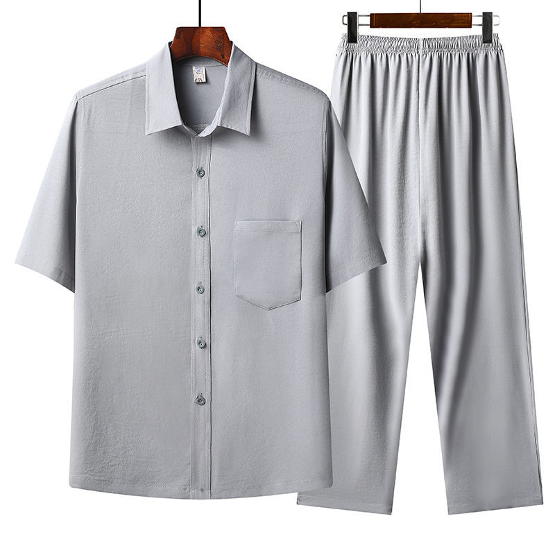 老年衣服男70岁老年人衣服男80岁夏季冰丝棉短袖衬衫男士休闲衬衣套装中老年爸爸夏装老人薄款上衣 【冰丝套装】灰色 41 建议130-150斤使用感如何?