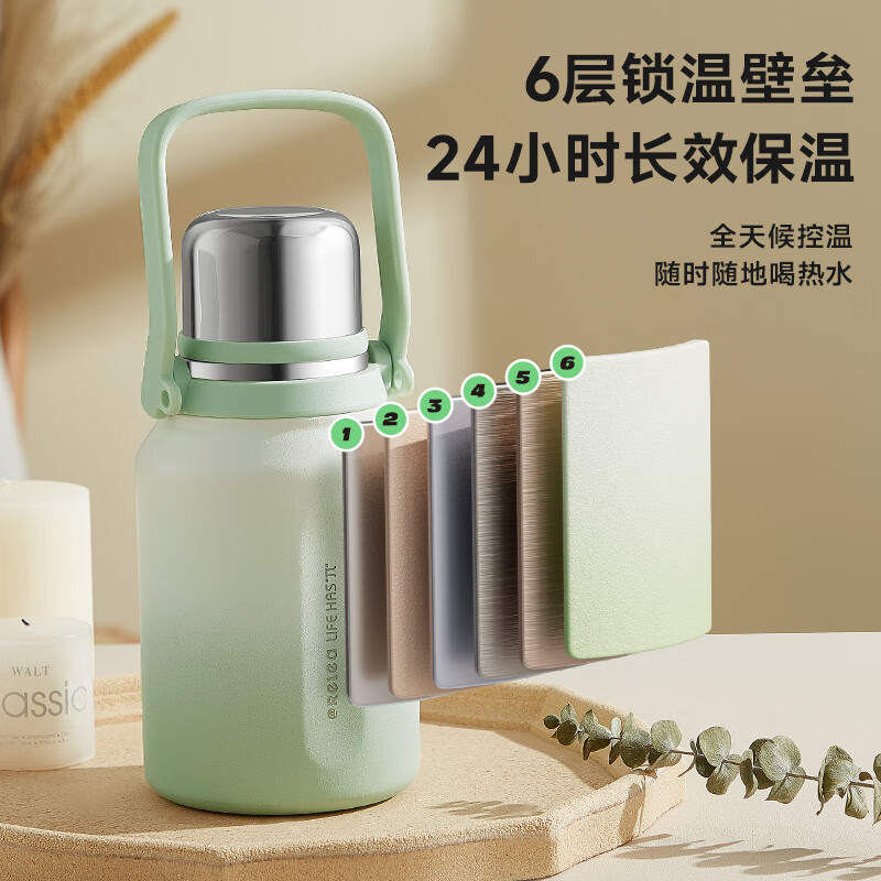 物生物(RELEA)保温杯大容量316L男女士户外运动便携茶杯手提双饮学生水杯子 密云白-316L内胆950ml