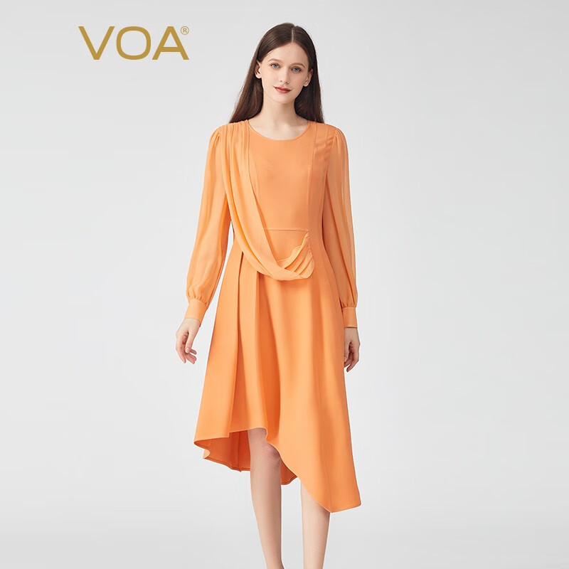 VOA60姆米重磅长空圆领橙色纯色百搭大摆拼接桑蚕丝连衣裙 AE1133 满庭芳橙（F52） 160/M