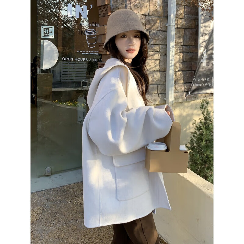 浮夏有帽子羊绒大衣女小个子带帽斗蓬双面羊毛斗篷外套连帽外套短款