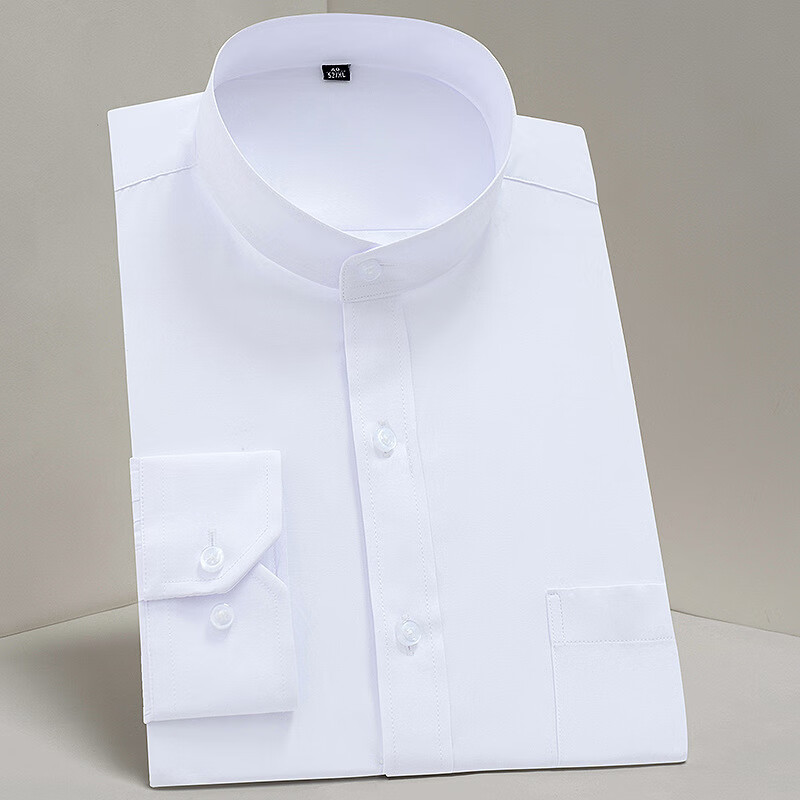 立领衬衫男春夏季季长袖白色商务正装中国风中山装男士衬衣 白色 38