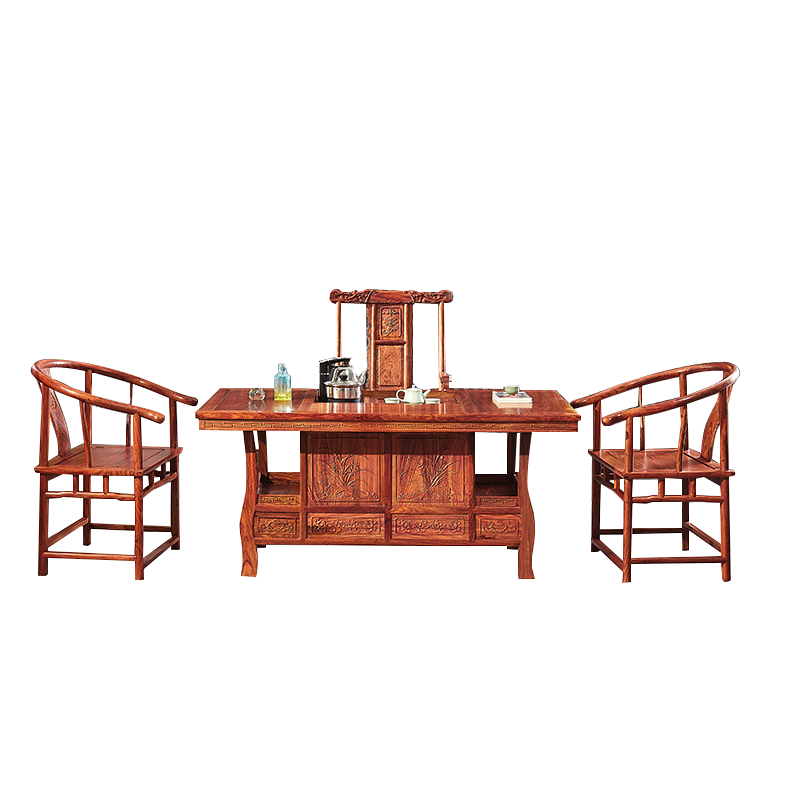 正荣府 红木家具 非洲花梨(学名:刺猬紫檀)新中式全实木茶桌椅组合中式泡茶桌 1.48米茶桌+1豪华主人椅+4文福椅