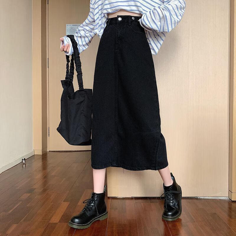 春秋中长款a字裙韩版高腰显瘦开叉裙子开叉牛仔裙半身裙女2023春 黑色