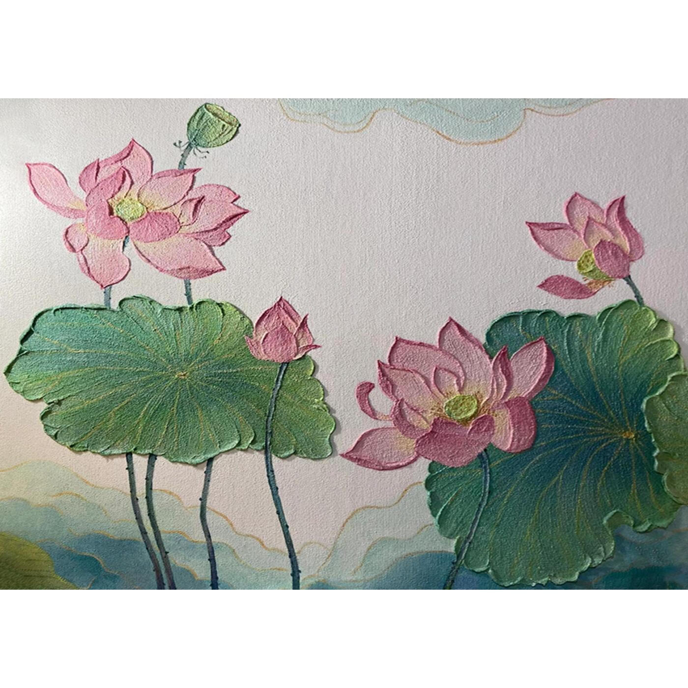 和和美美纯手绘油画立体荷花荷叶装饰画清新客厅厚肌理石英砂挂画 纯