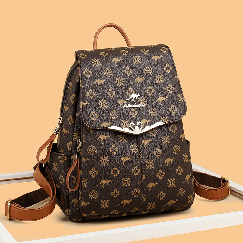 玫瑰袋鼠品牌轻奢双肩包女真皮2024新款时尚防盗牛皮背包大妈妈旅行包软皮 棕配棕【礼盒装+手包卡包】