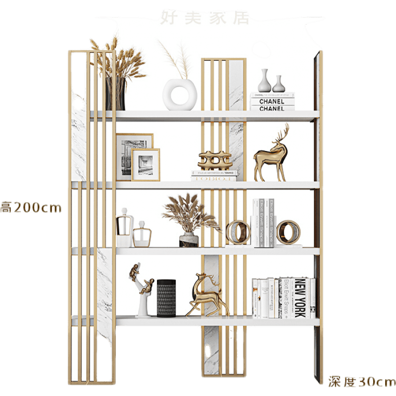 可定做 精甄  意式轻奢风书架落地隔断置物架金属放书陈列柜展示办公室收纳架现代装饰架 金色+高光白板 长80*30*200cm高 拆装