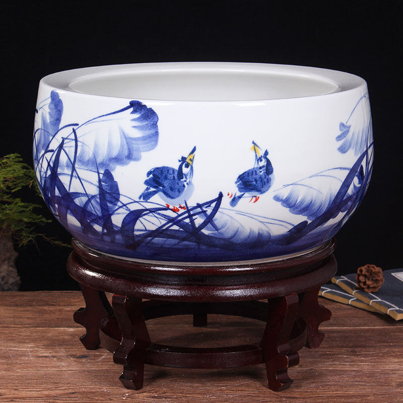 瓷小奴-景德镇陶瓷器 青花瓷水浅大金鱼缸乌龟缸睡莲水仙花盆摆件