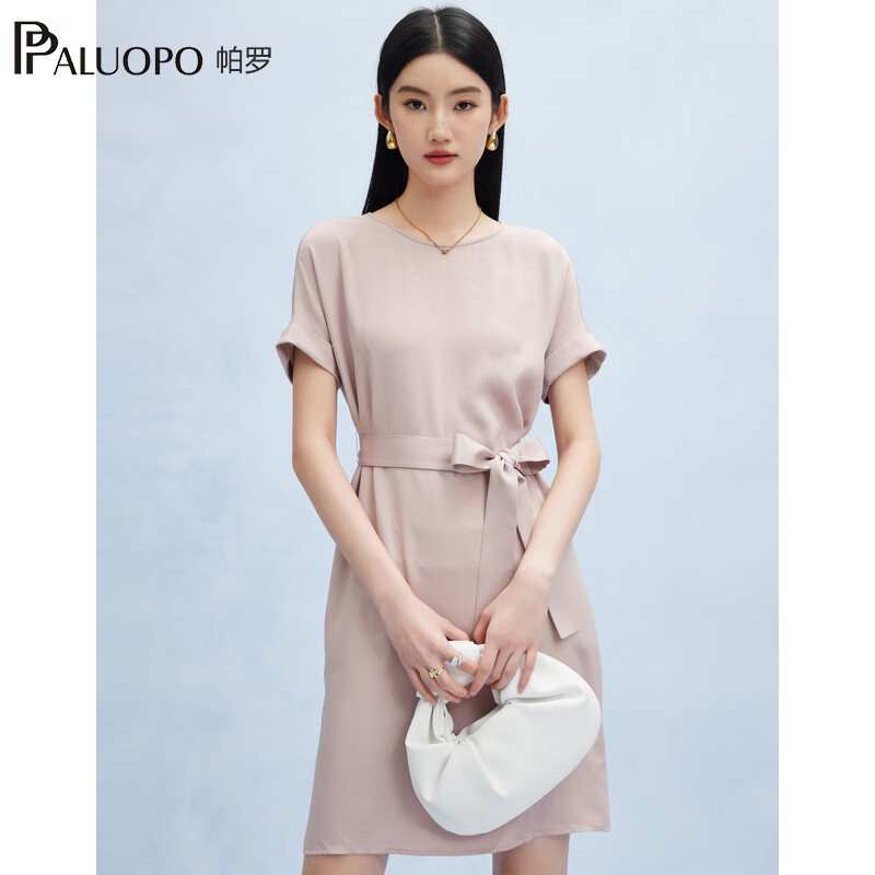 帕罗（PALUOPO）新款22姆米重绉圆领纯色短袖连衣裙重磅真丝高腰销售系带淑女裙子 粉紫 S (155/80A)