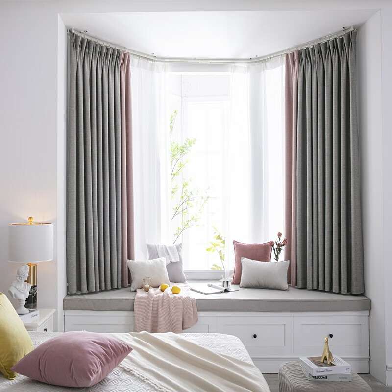 棉麻窗帘卧室飘窗半帘高遮光拐角u型l榻榻米帘 高级灰 烟粉色拼接窗帘